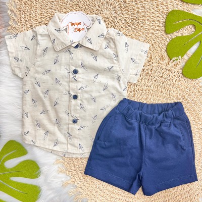 Conj. Camisa em Linho Aviões de Papel e Bermuda - Areia e Marinho